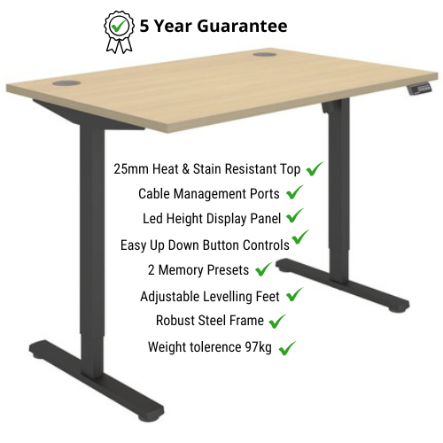 Core Electric Single Motor Height Adjustable Sit Stand Desk 1200 x 800 Canadian Oak Top and Black frame 5 Year Warranty